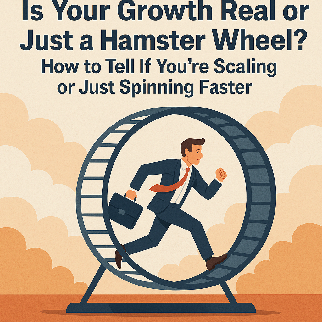 Illustration of a business professional running inside a hamster wheel, symbolizing the struggle of working harder without gaining true scale in a growing company.